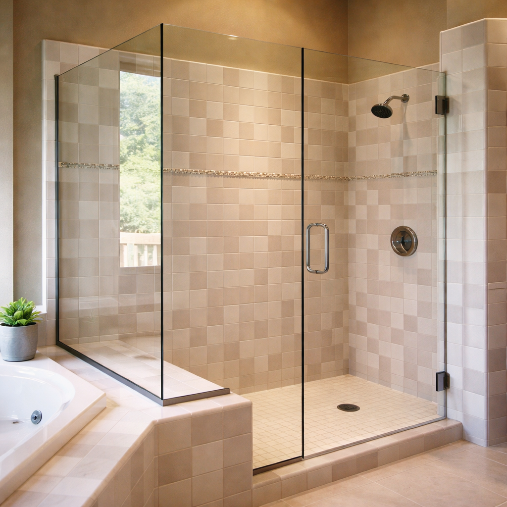 After -Custom frameless glass shower enclosure with clear panels replacing a framed shower in a modern beige tiled bathroom.