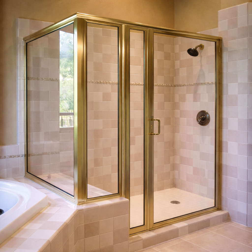 Before - Traditional framed glass shower with gold metal enclosure and hinged door next to a bathtub in a beige tile bathroom.