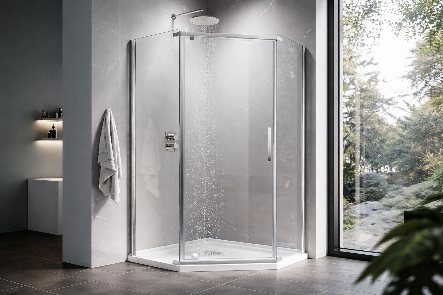Modern frameless glass shower enclosure with sliding door in a minimalist gray bathroom, water running from overhead shower